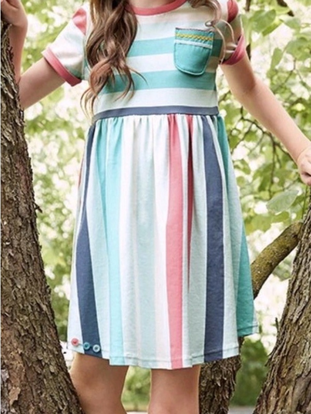 Matilda Jane Coral, Teal, Navy & Cream Striped Recess Queen Twirl Dress Size 10
